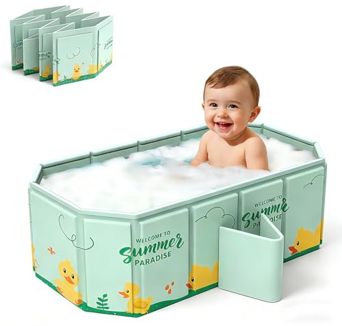 Lafisun Bañera Plegable Para Bebés, Bañera Portátil Grande Para Niños De 0 A 8 Años, Con Tapón De Drenaje Y Lavabo De Duchas, Color Verde Menta, 78 X 45 X 30 Cm