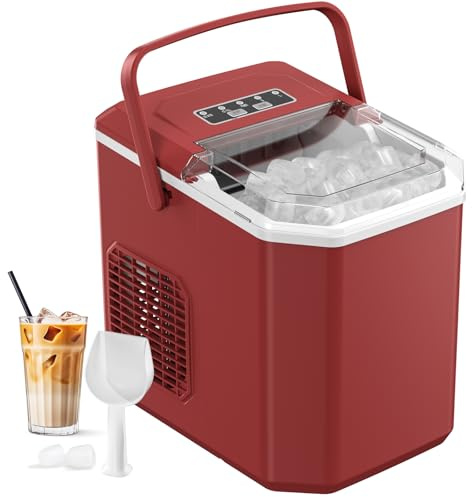Macchina Ghiaccio 12kg/24h, Macchina del Ghiaccio Casa Autopulente 1,5L, Macchina per il Ghiaccio Professionale, Pronto in 6 Minuti, con Maniglia/Silenzioso/Paletta/Cestello, Rosso