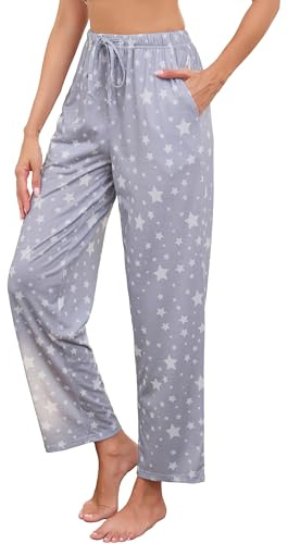 Vlazom Pantalones de Pijama para Mujer con Bolsillos y Cordón, Estampado Floral, Pierna Ancha Larga, Pantalones de Lounge Elásticos(M,Patrón)