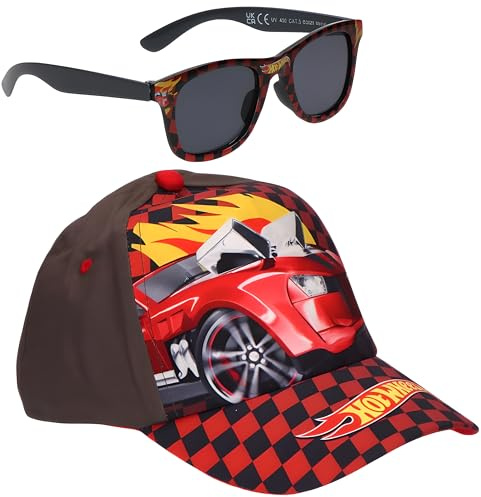 Hot Wheels | Bluey | Avengers | Gabby's Dollhouse | Paw Patrol Cappellino da Baseball e Occhiali da Sole | Cappello e Occhiali con Protezione UV 400 per Bambini (Hot Wheels - Marrone/Rosso)