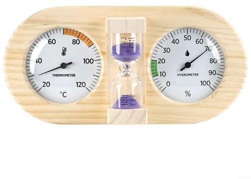 Risveglio Termómetro higrómetro de madera 3 en 1 para sauna y temporizador de arena, medidor de humedad de calor de madera de pino para sala de spa y baño para rojo, verde y morado (morado)