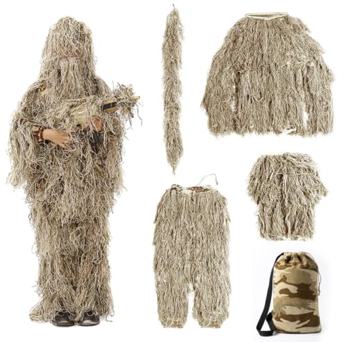 Hengrongshen Costume militaire Ghillie pour enfant - Uniforme de l'armée - Forêt et chasse dissimulée - Ensemble camouflage - Pour garçons et filles (désert, 90-150 cm)