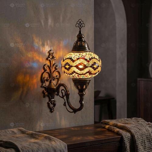 ENVA flerfärgad mosaik vägglampett – turkisk mosaiklampa – handgjort diamantmönster glas – marockansk vägglampa för sovrum, vardagsrum, hall