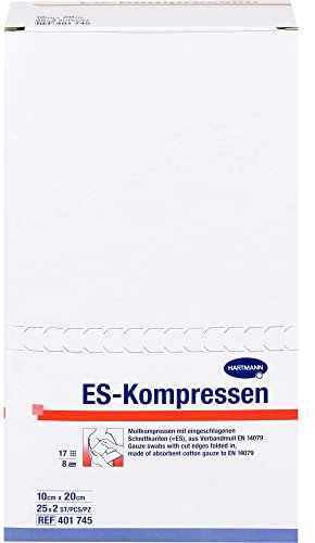 ES-KOMPRESSEN: Sterile Mullkompressen zur Wundreinigung & Wundabdeckung, sowie zum Auftragen von Salben, 10 x 20cm, 8-fach, 17-fädig, 25x2 Stück