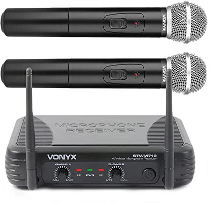 VONYX STWM712 Dual Wireless Handheld Microphone System – VHF 2-Channel Wireless Microphone Kit with Individual Controls, XLR & 6.3mm Outputs, Ideal for Vocalists, Presentations, Stage Use