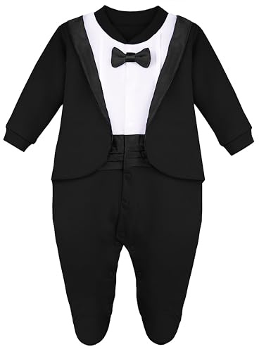 Lilax Baby Boy Gentleman Tuxedo Footie Christmas Holiday Outfit with Bow Tie (3 Months, Black)