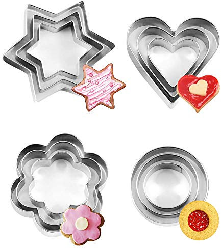 XCOZU 12 Pcs Cookie Cutter Set, Mini Stainless Steel Geometric Cookie Cutters Shapes Heart Star Circle/Round Flower Mould for Baking Decorating