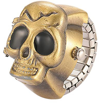 JewelryWe Herren Ringuhr Fingeruhr Analog Quarz Uhr Elastisch Totenkopf Schädel Ring Band Edelstahl Uhr Uhrenring