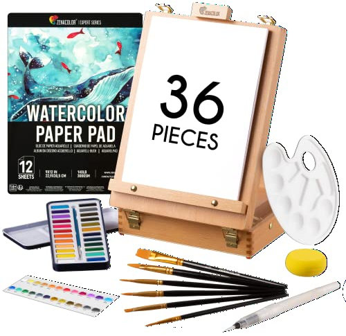 Set de pintura de acuarelas (36 piezas) Zenacolor - Kit acuarelas profesionales : caja de almacenamiento y caballete 2 en 1, kit de paleta de acuarela 24 colores, 6 pinceles, 1 cuaderno y accesorios