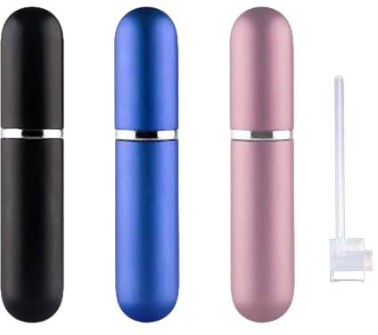 Travel Refillable Perfume Atomisers, 5ML, 3 Pcs Mini Portable Spray Bottles, Round Tube Set With 1 Flat Separated Tool, for Home Business Trip (Black+Blue+Champagne)(4pcs)
