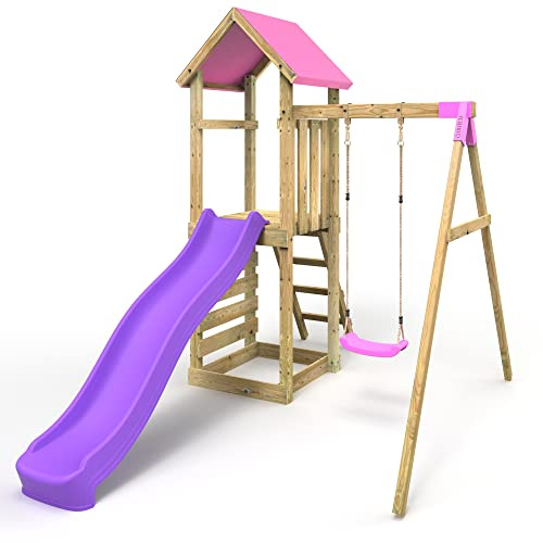 Rebo® Adventure Playset Wooden Climbing Frame, Swing Set and Slide - Rushmore Pink | OutdoorToys | Kids' Outdoor Wooden Garden Play Equipment, Children's Jungle Gym