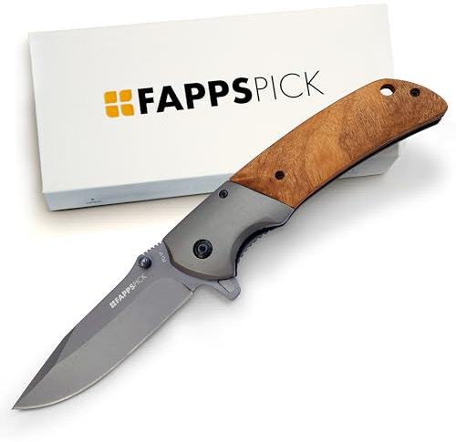 FAPPSPICK Outdoormesser | Zweihandmesser | Taschenmesser Holzgriff 12.5cm ShadowWood | Outdoor Messer mit 9,5cm Klinge | Geschenke für Männer | EDC Messer Klappmesser | Angelmesser
