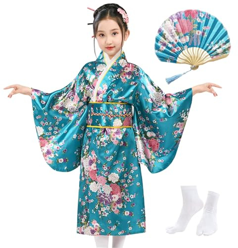 KRUIHAN Kimono Japonés Niñas,Bata Estilo Tradicional Japonés,Bata Yukata Kimono Niños Satén,Disfraces Cosplay,Vestido Fiesta Niñas,con Abanico Plegable y Calcetines Tabi,Estilo A,Turquesa,130