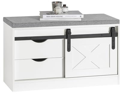 SoBuy FSR153-W Banco Zapatero con Puerta Corrediza de Granero Armario Multifuncional de Asiento para Entrada con 2 Estantes y 2 Cajones Blanco 80 x 30 x 49 cm ES