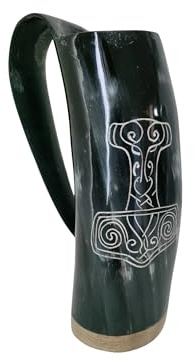 Viking by Heart, äkta oxhorn 15-18 cm lång, vikingar som dricker slät horn mugg med träbas | Graverad med Tors hammare | 13+ OZ kapacitet | polerad finish horn mugg unika ölgåvor för män, kvinnor