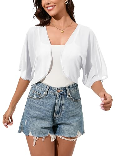 Dosieyeo Boléro pour femme en mousseline élégant - Boléro léger et aéré - Jäckchen à manches 3/4 - Fine veste à porter sur une robe, Blanc., XXL