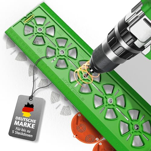 HTK TOOLS Bohrschablone Steckdose - Schnell & Exakt anzeichnen oder direkt bohren - 71 mm Abstand – Für Unterputzdose & Hohlwanddose – Elektriker Wasserwaage - Steckdosen Schablone, Profi & Heimwerker