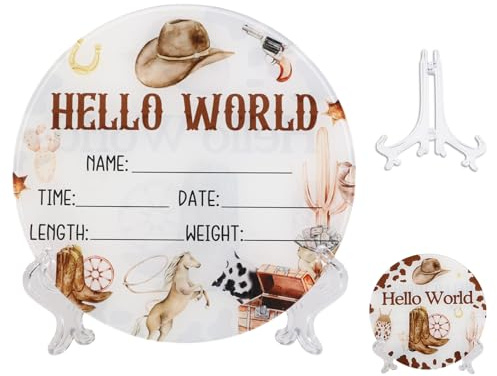 CORNER LACE Acrylic Baby Birth Announcement Sign with Stand, Western Cowboy Theme Double-Sided Newborn Name Board, Hello World Milestone Card for Welcome Baby Hospital Nursery Gift Photo Prop