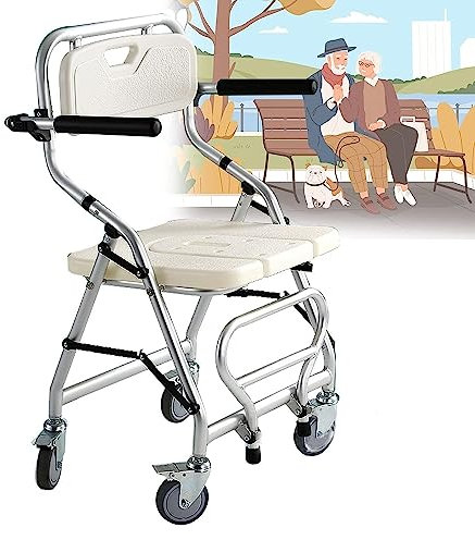 Silla de ducha con ruedas para ancianos, taburete de ducha plegable con respaldo y sección higiénica en forma de U, silla de bañera de aleación de aluminio para mujeres embarazadas