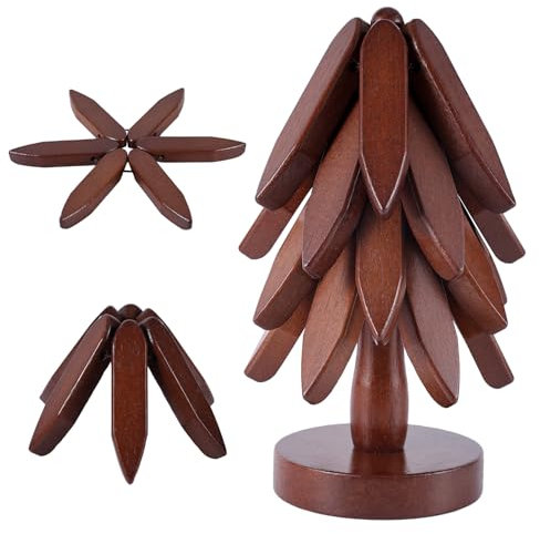 Wooden Tree Shape Trivets Set for Hot Dishes, 4 Layers 1 Stand Trivet Coaster Stackable Wood Potholders for Hot Pots and Pans Kitchen Creative Placemats Pads Gift for Kitchen