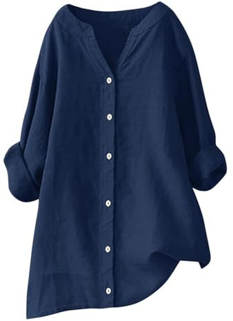 Chemise Femme Lin Chemisier Coton Et Lin pour Femmes Col en V Bouton Manches Longues Tops Couleur Unie Vintage Ample Respirant T-Shirts Grande Taille Pas Cher Casual Tunique Blouse Soldes