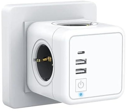 Katalia Cubo Enchufe Multiple USB 7 en 1, Regleta Ladron Enchufes Multiple (4000W/16A) con 4 Tomas CA, 2 USB A, 1 USB C e Interruptor, Cargador para Casa, Oficina, Viaje, Blanco