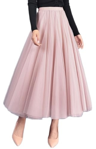 Jemmsia Tyllkjol för kvinnor, midi A-linje, veckad maxi, swingkjol, elegant, elastisk, hög midja, långa tutu, blommiga kjolar för bal, hemkomst, födelsedagsfest, Rosa, one size