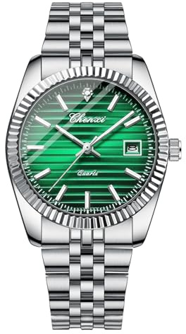 JewelryWe Herrenuhr Edelstahl Leuchtende Uhren: 3ATM Wasserdicht Kalender Analog Quarz Armbanduhr Herren Silber Edelstahlarmband Uhr mit Leuchtzeiger, Grün Zifferblatt und Facettiert Lünette