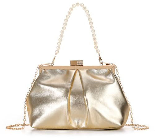 Syrads PU Piel Bolso SintéTica para Mujer Bandolera con Correa de Perlas para Fiestas Bailes GraduacióN Bodas,Oro