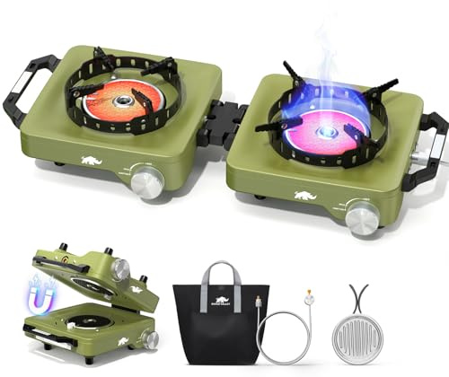 2 Propane Burners Camping Stove, 30,000 BTU Folding Camp Stove with Windproof Grates and Frying Pan, Portable Camping Stoves with Carrying Bag, Camping Essentials for Tailgating/Grilling/Coffee, Green