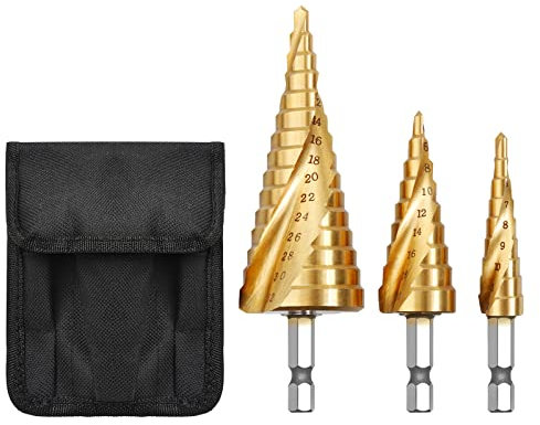 Rovtop 3 Piezas Brocas Hss Drill Bits - Brocas Escalonadas Brocas de Acero HSS Brocas Cortas High Speed Steel, 3 Piezas de 4-12/20 / 32 mm