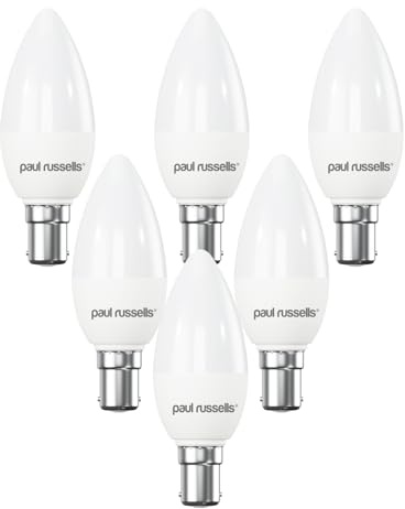 paul russells LED Light Small Bayonet Cap B15, 60watt Equivalent, 6.5W 806LM LED Bulbs, 6500K Bright Daylight, Frosted C35 SBC Candle Energy Saving Non-Dimmable Chandelier Lightbulbs, 6 Pack