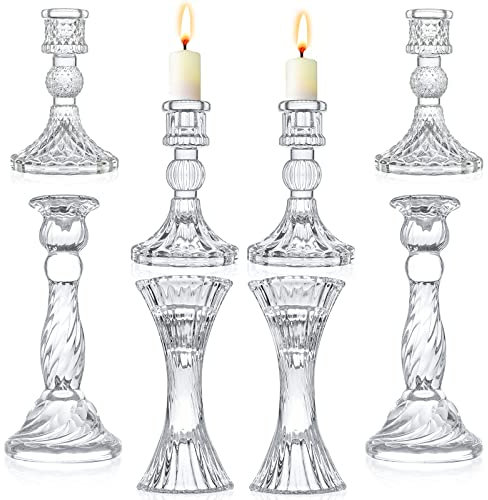 Glass Candlestick Holders - Set of 8 Clear Taper Candlestick Glasses,Crystal Candle,for all Formal Events,Candlelight dinner,Wedding, Dinning, Party,Home Decoration