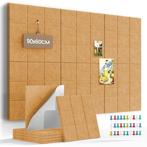 Uoisaiko Gran Corcho Pared Autoadhesivo 30x30 cm - 6 Piezas Tablero de Corcho Fieltro para Oficina Casa - Tablón de Anuncios con 30 Chinchetas para Fotos Notas