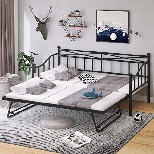 Twin Size Metal Sofa Bed with Twin Size Adjustable Casters, Portable Folding Casters, Heavy Duty Steel Frame, Metal Slatted Support, Suitable for Bedroom and Living Room (Black)