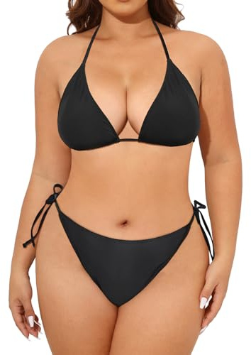 Tempt Me Women Plus Size Triangle Bikini String Two Piece Halter Tie Side Swimsuit Black 18 Plus