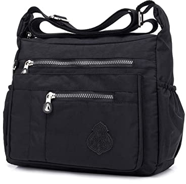 NOTAG Umhängetasche Damen, Casual Schultertasche Mehrere Taschen Leichte Handtasche Wasserdicht Nylon Messenger Bag Reisetasche (Schwarz)