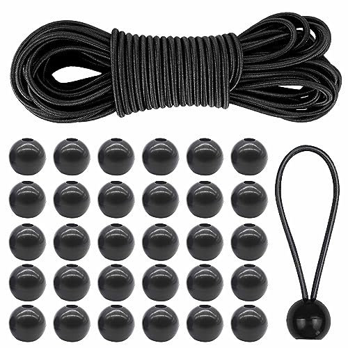 Cuerda Elastica con 30 Bolas,Tensor Elastico Bola 10m x 4 mm Negro Cuerda Tensora Elastica de Goma,Bolas Bungee-Cuerdas Elásticas con Bola Tensores de Cuerda