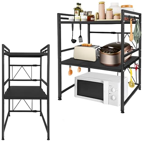 SUBTLETY Mikrovågsugnshylla, utbyggbar, 40–60 cm, 3 våningar, kökshylla med 8 krokar, kolstål, köksförvaring, halkskydd, mikrovågsugnsställ, bagerihyllor för ugn, köksredskap (svart)