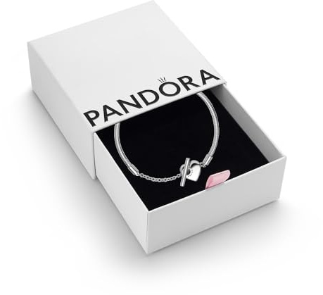 PANDORA Moments Women's Sterling Silver Heart T-Bar Snake Chain Bracelet, Size 23, With Gift Box