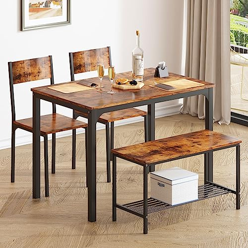soges Ensemble de Table de Salle à Manger pour 4 Personnes, Table de Cuisine de 110cm, 2 Chaises, Banc avec Étagère de Rangement, Ensemble de Meubles Gigognes pour Salle à Manger