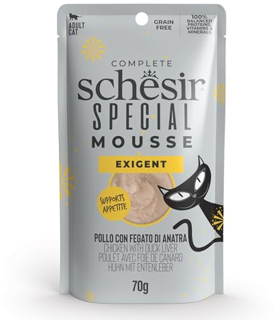 Schesir Special Exigent, Filetti di Pollo con Anatra in Mousse, Alimento Umido Completo per Gatti, in Busta, Grain Free, Alto Contenuto di Proteine, Fonte di Idratazione, 12 x 70g