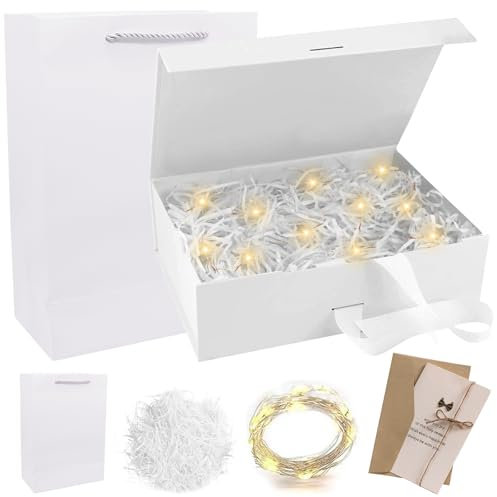 Magnetische Geschenkbox Mit Schleife, 21x17x7cm, Mit Deckel, Tasche, Farbband, Licht, Umschlag - Faltbare Geschenkschachtel für Hochzeit Geburtstag
