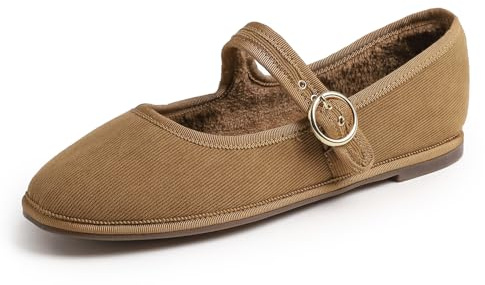 Feversole Women's Soft Breathable Mary Jane ，Mujer Zapatillas Merceditas Mary Jane de Pana Camel con Hebilla Redonda Forro de Piel