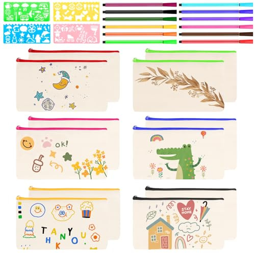 UKOFEW 12 Pezzi Astuccio in Tela Bianco,Busta Stoffa Piccola Vuota,Sacchetti di Tela per Il Trucco,con 12 matite colorate e 4 stencil,per Graffiti, Stampa e Tintura