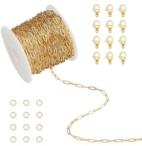 UNICRAFTALE Catena A Maglie 5m Catene in Acciaio Inossidabile Chirurgico 316 Catene A Maglie Dorate Larghe 2.5mm Rotolo con 20 Fermagli A Moschettone e 50 Anelli Aperti Accessori per Gioielli
