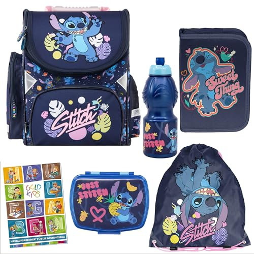 PASO Schulranzen für Jungen und Mädchen - Schul-Rucksack für Kinder mit Federmäppchen - Schuhbeutel, Brotdose, Trinkflasche und Hausaufgabenheft - Lilo und Stitch Motiv - 1-3 Klasse