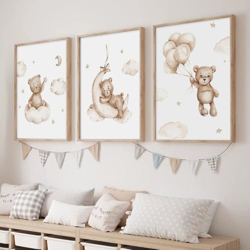 3 Poster Bär Bild Babyzimmer Beige 30 x 40 cm Bilder Kinderzimmer Jungen Wandposter für Kinder Teddybär Wolke Mond Ballon Leinwand Wanddekoration Baby Geschenk ohne Rahmen