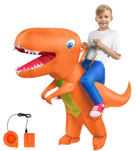 AOOWU Disfraz Dinosaurio Niño Hinchable, Disfraz Hinchable Niño con Sistema Inflable, Disfraces de Halloween para Niños y Niñas para Cosplay Cumpleaños Fiesta de Orgía, Color Naranja