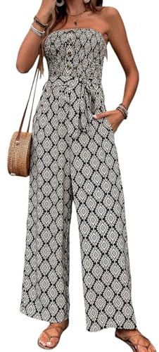 Gefevoqe Women's Printed Strapless Elegant Jumpsuit Summer Ethnic Style Wide Leg Bohemian Outfit